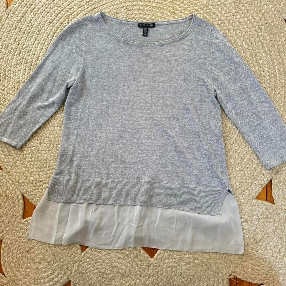 Eileen Fisher Grey Linen Blend Layered Silk Trim Top Knit Shirt Minimalist S